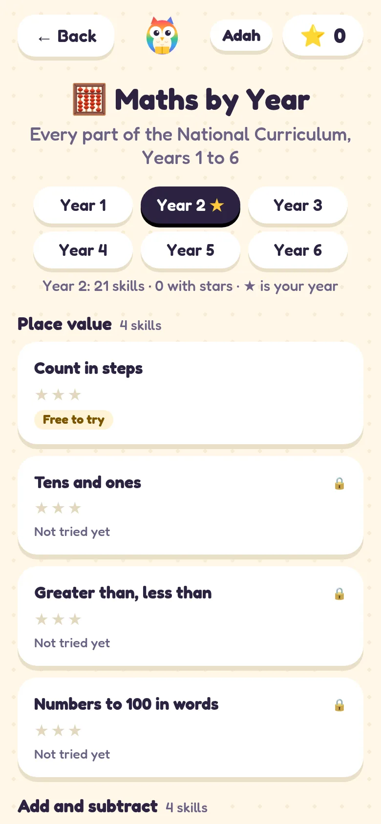 Maths by Year, showing Year 2 skills such as counting in steps and tens and ones